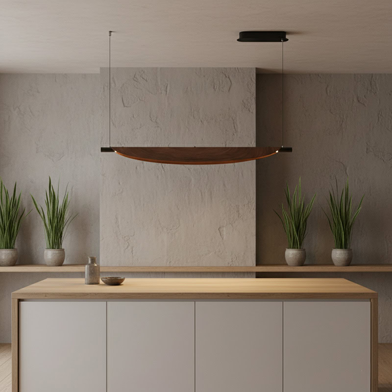 BRAWO LG231 Wabi Sabi Linear Kitchen Chandelier – minimalist wooden texture LED linear pendant light for dining, kitchen, and Japandi interiors