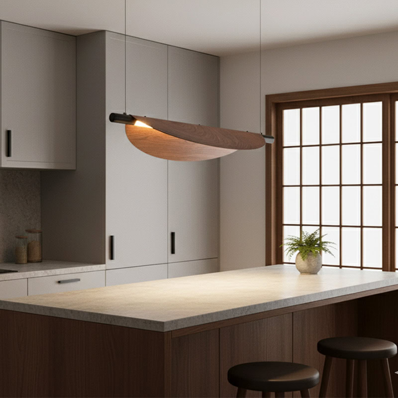 BRAWO LG231 Wabi Sabi Linear Kitchen Chandelier – minimalist wooden texture LED linear pendant light for dining, kitchen, and Japandi interiors