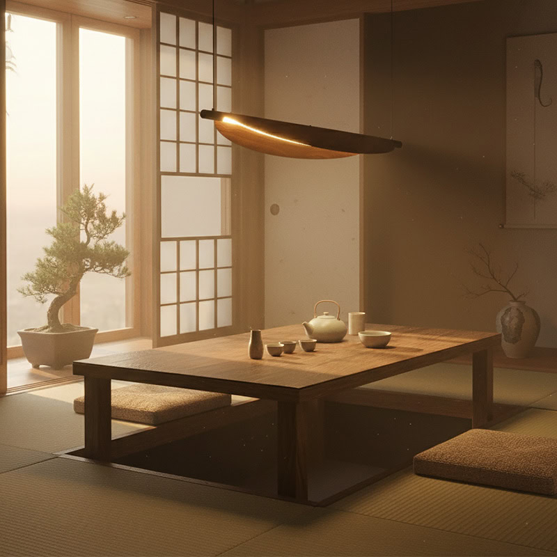 BRAWO LG231 Wabi Sabi Linear Kitchen Chandelier – minimalist wooden texture LED linear pendant light for dining, kitchen, and Japandi interiors