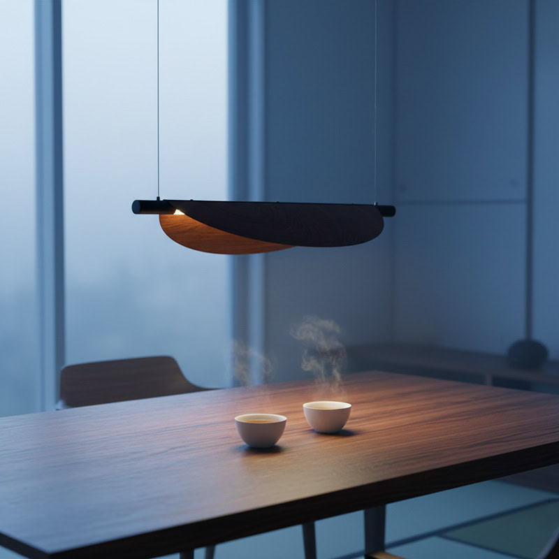 BRAWO LG231 Wabi Sabi Linear Kitchen Chandelier – minimalist wooden texture LED linear pendant light for dining, kitchen, and Japandi interiors