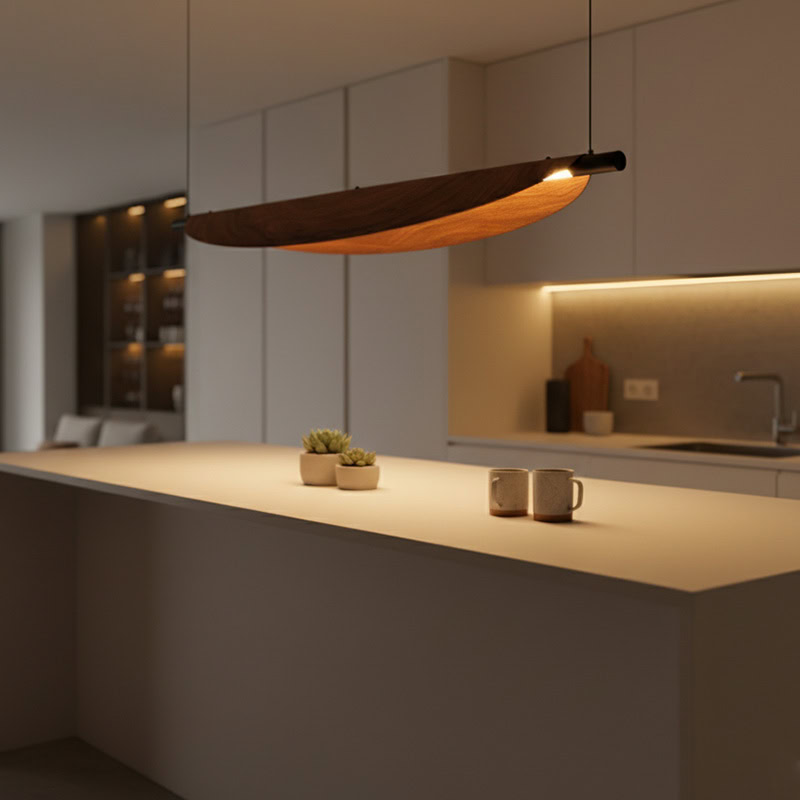 BRAWO LG231 Wabi Sabi Linear Kitchen Chandelier – minimalist wooden texture LED linear pendant light for dining, kitchen, and Japandi interiors