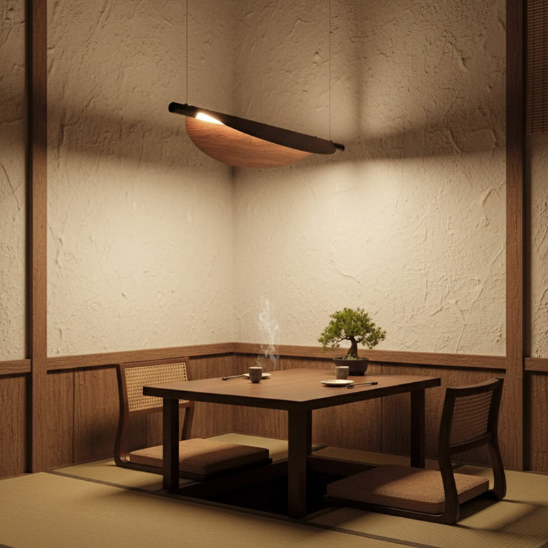 BRAWO LG231 Wabi Sabi Linear Kitchen Chandelier – minimalist wooden texture LED linear pendant light for dining, kitchen, and Japandi interiors
