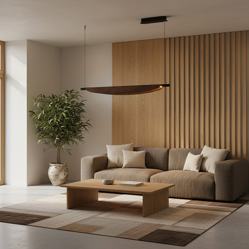 BRAWO LG231 Wabi Sabi Linear Kitchen Chandelier – minimalist wooden texture LED linear pendant light for dining, kitchen, and Japandi interiors