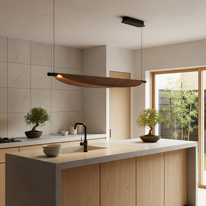 BRAWO LG231 Wabi Sabi Linear Kitchen Chandelier – minimalist wooden texture LED linear pendant light for dining, kitchen, and Japandi interiors