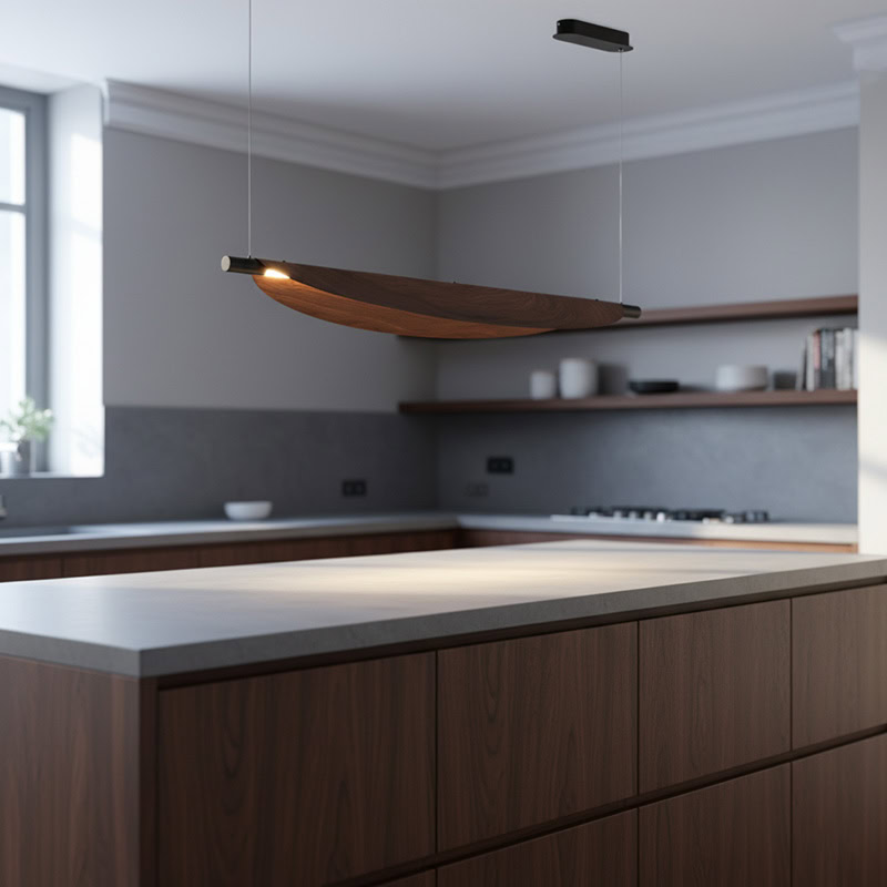 BRAWO LG231 Wabi Sabi Linear Kitchen Chandelier – minimalist wooden texture LED linear pendant light for dining, kitchen, and Japandi interiors