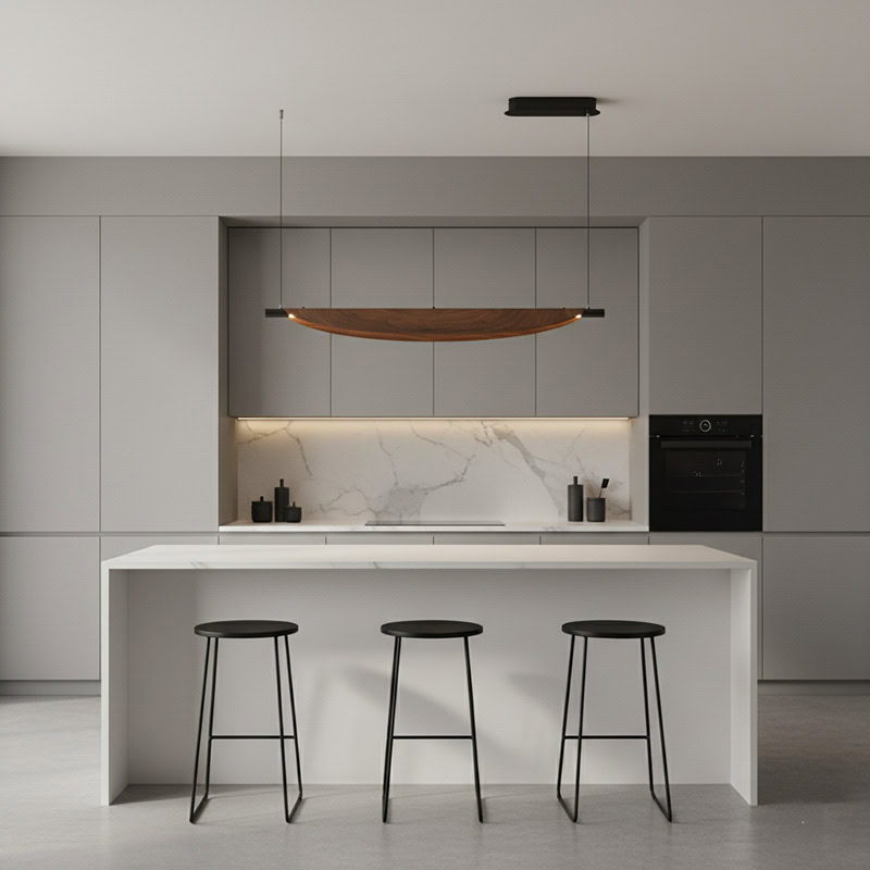 BRAWO LG231 Wabi Sabi Linear Kitchen Chandelier – minimalist wooden texture LED linear pendant light for dining, kitchen, and Japandi interiors