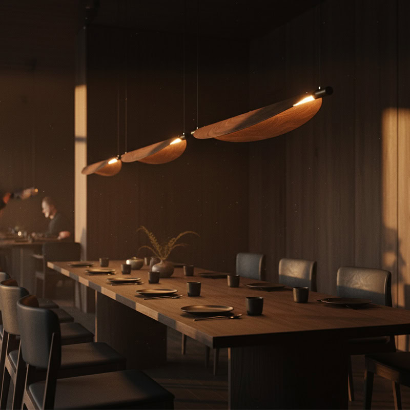 BRAWO LG231 Wabi Sabi Linear Kitchen Chandelier – minimalist wooden texture LED linear pendant light for dining, kitchen, and Japandi interiors