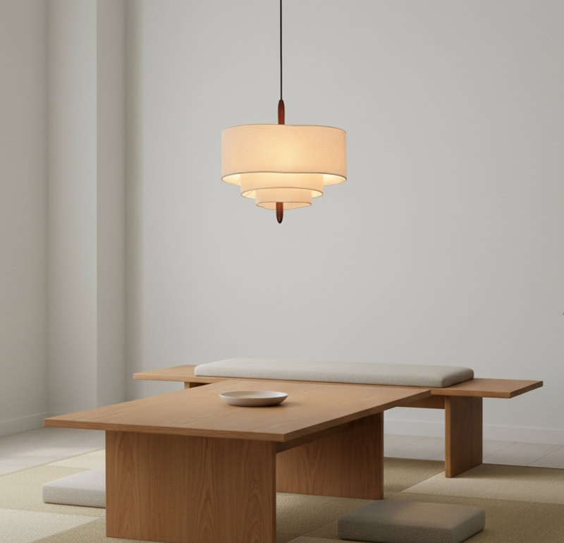 CHANDEL LG229 Nordic Wabi-Sabi Fabric Pendant Light, handmade linen pendant lighting for minimalist Japandi interiors with soft diffused glow.