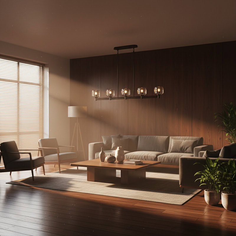 WOLFOS LG205 Crystal Linear Kitchen Chandelier, luxury crystal linear hanging light in bronze and black finish for modern interiors