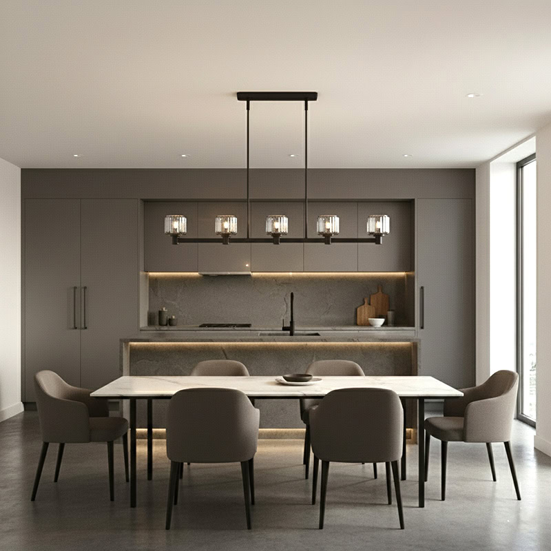 WOLFOS LG205 Crystal Linear Kitchen Chandelier, luxury crystal linear hanging light in bronze and black finish for modern interiors