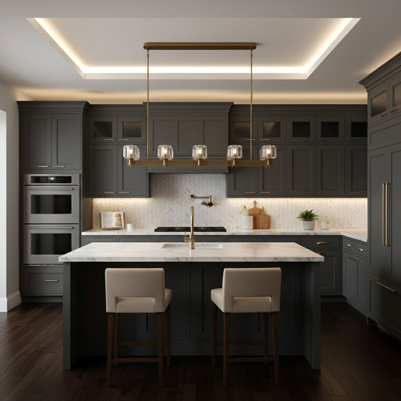 WOLFOS LG205 Crystal Linear Kitchen Chandelier, luxury crystal linear hanging light in bronze and black finish for modern interiors