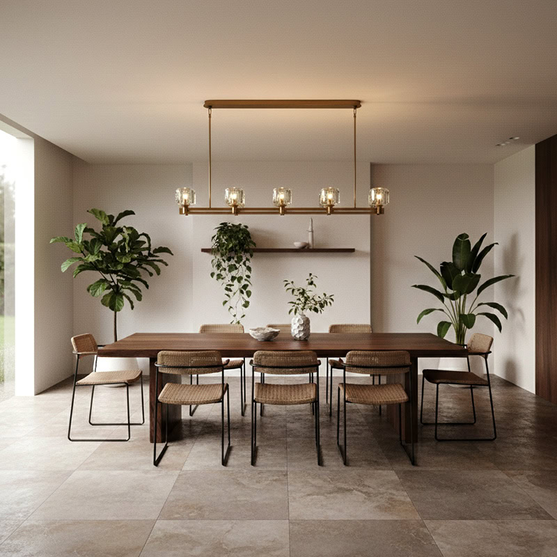 WOLFOS LG205 Crystal Linear Kitchen Chandelier, luxury crystal linear hanging light in bronze and black finish for modern interiors