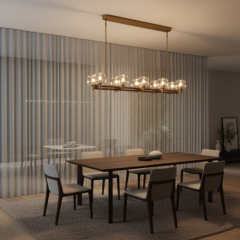 WOLFOS LG205 Crystal Linear Kitchen Chandelier, luxury crystal linear hanging light in bronze and black finish for modern interiors