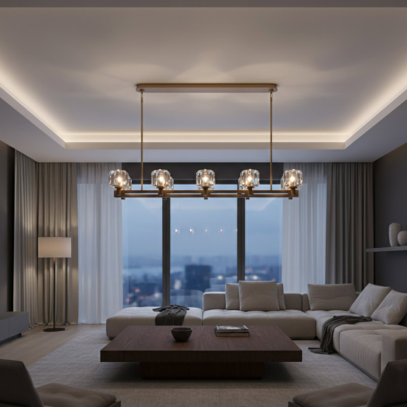 WOLFOS LG205 Crystal Linear Kitchen Chandelier, luxury crystal linear hanging light in bronze and black finish for modern interiors