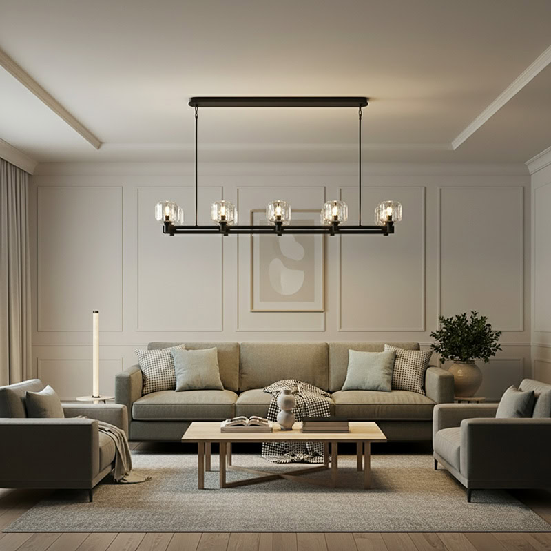 WOLFOS LG205 Crystal Linear Kitchen Chandelier, luxury crystal linear hanging light in bronze and black finish for modern interiors