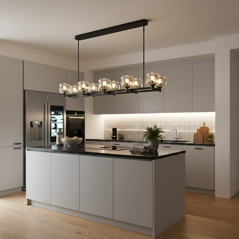 WOLFOS LG205 Crystal Linear Kitchen Chandelier, luxury crystal linear hanging light in bronze and black finish for modern interiors