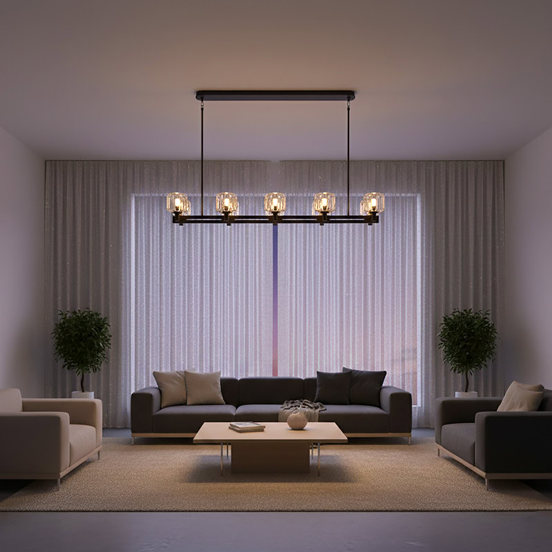 WOLFOS LG205 Crystal Linear Kitchen Chandelier, luxury crystal linear hanging light in bronze and black finish for modern interiors