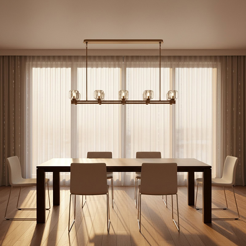 WOLFOS LG205 Crystal Linear Kitchen Chandelier, luxury crystal linear hanging light in bronze and black finish for modern interiors