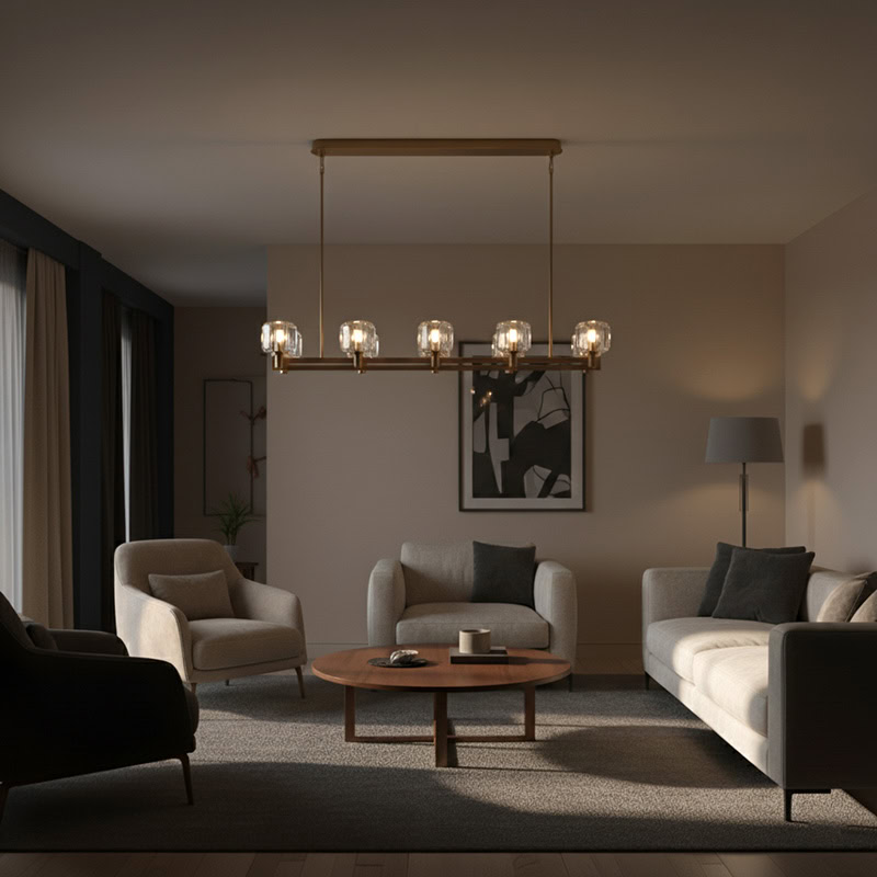 WOLFOS LG205 Crystal Linear Kitchen Chandelier, luxury crystal linear hanging light in bronze and black finish for modern interiors