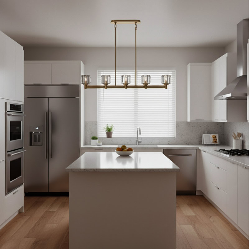 WOLFOS LG205 Crystal Linear Kitchen Chandelier, luxury crystal linear hanging light in bronze and black finish for modern interiors