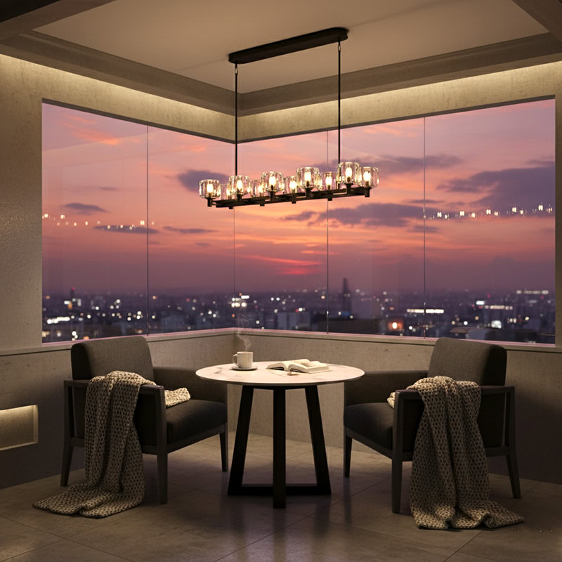 WOLFOS LG205 Crystal Linear Kitchen Chandelier, luxury crystal linear hanging light in bronze and black finish for modern interiors