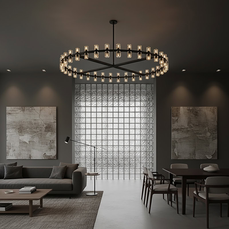WOLFOS LG218 Decorative Light Fixture — Round Crystal LED Chandelier in Black or Gold, available in Small, Medium, and Large sizes