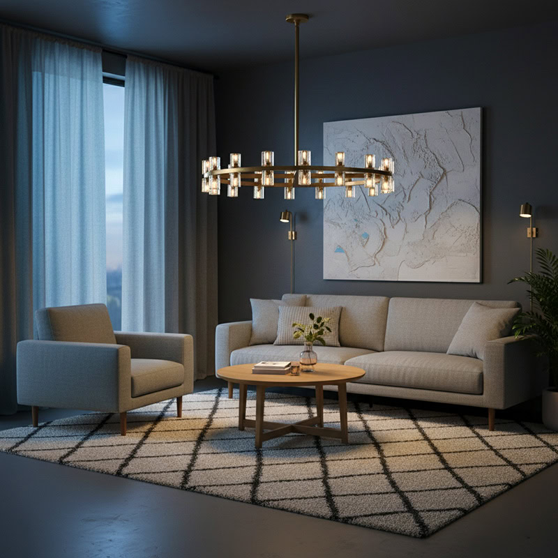 WOLFOS LG218 Decorative Light Fixture — Round Crystal LED Chandelier in Black or Gold, available in Small, Medium, and Large sizes