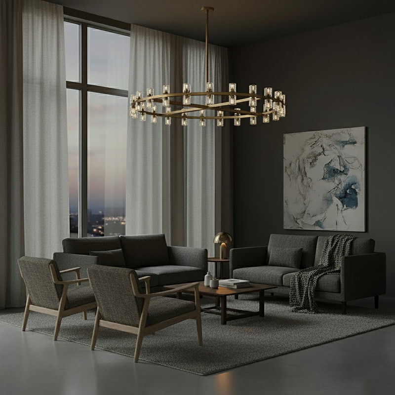 WOLFOS LG218 Decorative Light Fixture — Round Crystal LED Chandelier in Black or Gold, available in Small, Medium, and Large sizes