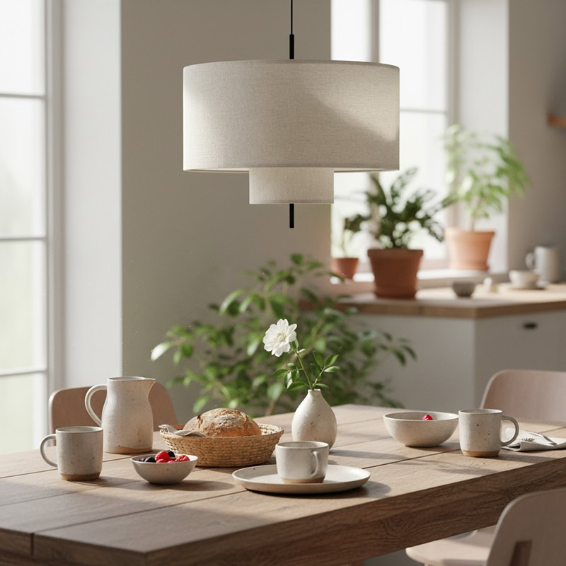 CHANDEL LG234 Minimalist Wabi Sabi Fabric Pendant Light in natural fabric finish, Japanese handcrafted pendant lamp for modern interiors.