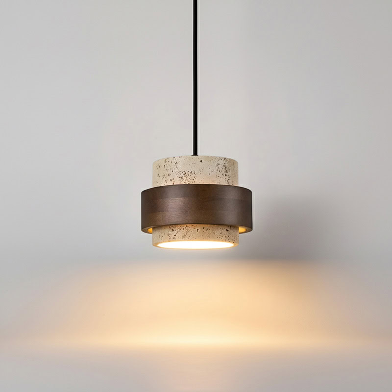 CREVION LG236 Japandi Stone Pendant Lamp, Wabi-Sabi stone and wood minimalist lighting for Japandi and modern interiors.