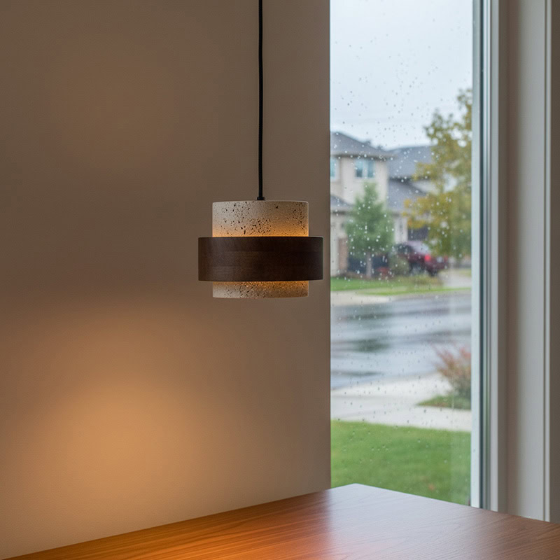 CREVION LG236 Japandi Stone Pendant Lamp, Wabi-Sabi stone and wood minimalist lighting for Japandi and modern interiors.