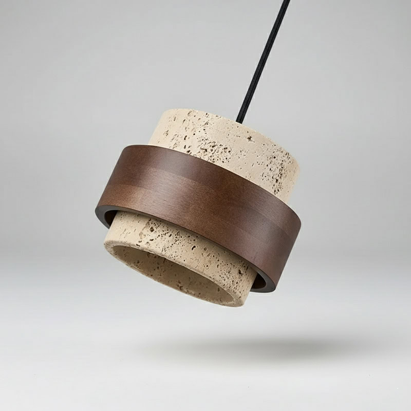 CREVION LG236 Japandi Stone Pendant Lamp, Wabi-Sabi stone and wood minimalist lighting for Japandi and modern interiors.