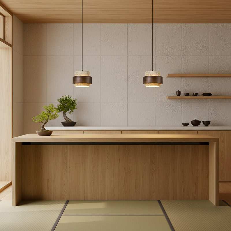 CREVION LG236 Japandi Stone Pendant Lamp, Wabi-Sabi stone and wood minimalist lighting for Japandi and modern interiors.