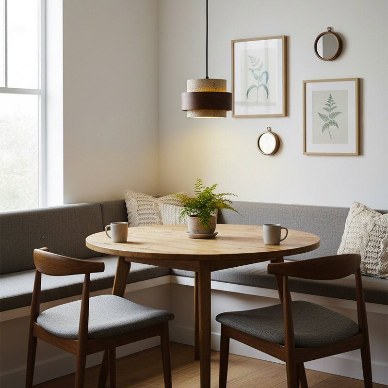 CREVION LG236 Japandi Stone Pendant Lamp, Wabi-Sabi stone and wood minimalist lighting for Japandi and modern interiors.