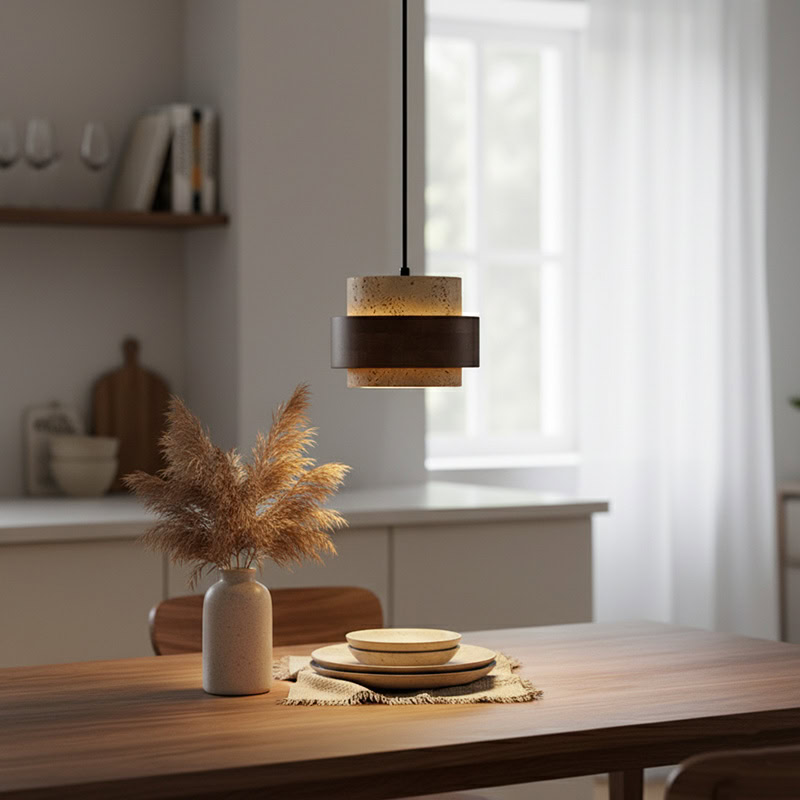 CREVION LG236 Japandi Stone Pendant Lamp, Wabi-Sabi stone and wood minimalist lighting for Japandi and modern interiors.