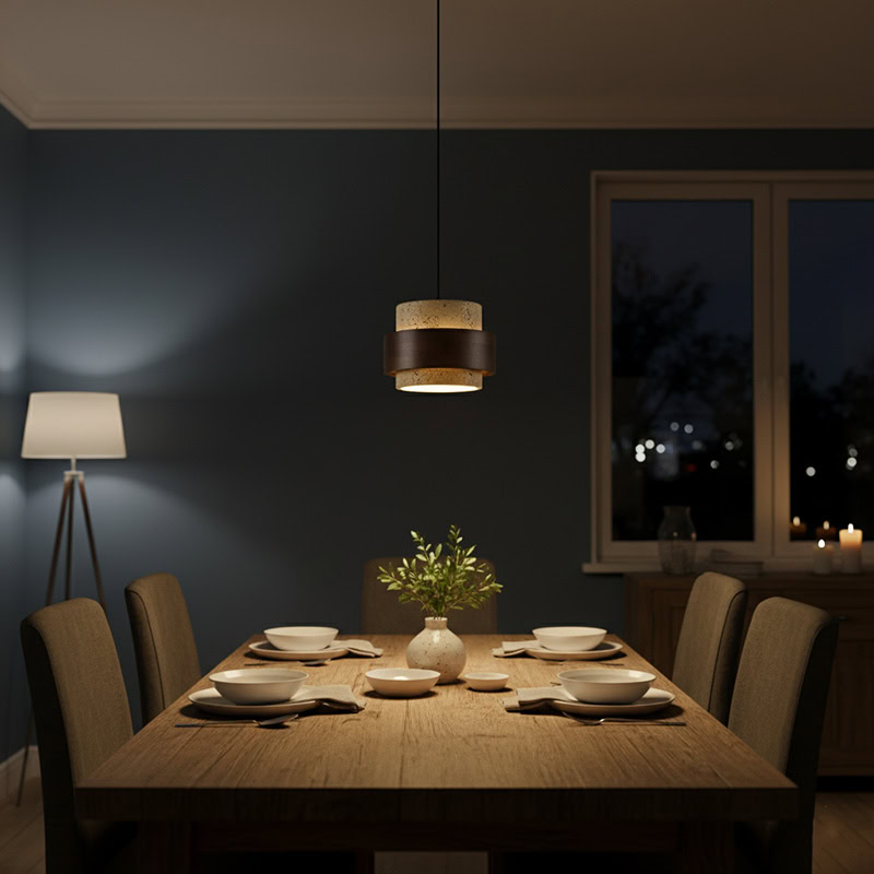 CREVION LG236 Japandi Stone Pendant Lamp, Wabi-Sabi stone and wood minimalist lighting for Japandi and modern interiors.