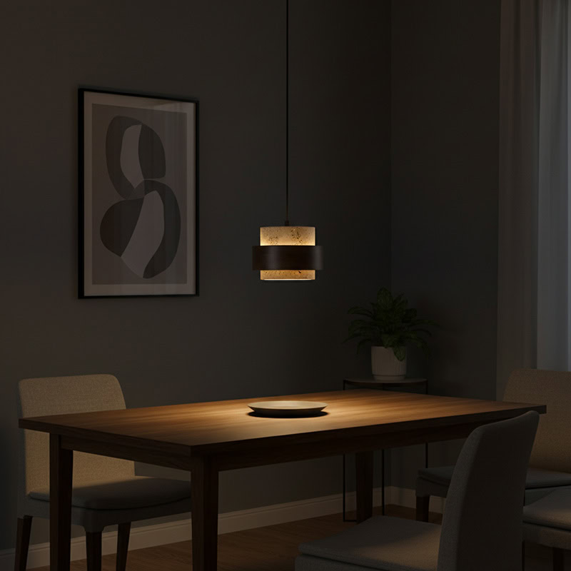 CREVION LG236 Japandi Stone Pendant Lamp, Wabi-Sabi stone and wood minimalist lighting for Japandi and modern interiors.