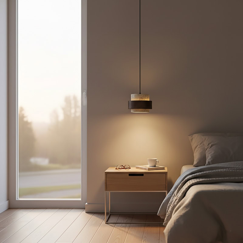 CREVION LG236 Japandi Stone Pendant Lamp, Wabi-Sabi stone and wood minimalist lighting for Japandi and modern interiors.