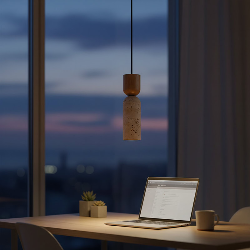 CREVION LG250 Wabi Sabi stone and wood minimalist Japandi pendant light