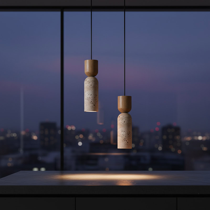 CREVION LG250 Wabi Sabi stone and wood minimalist Japandi pendant light