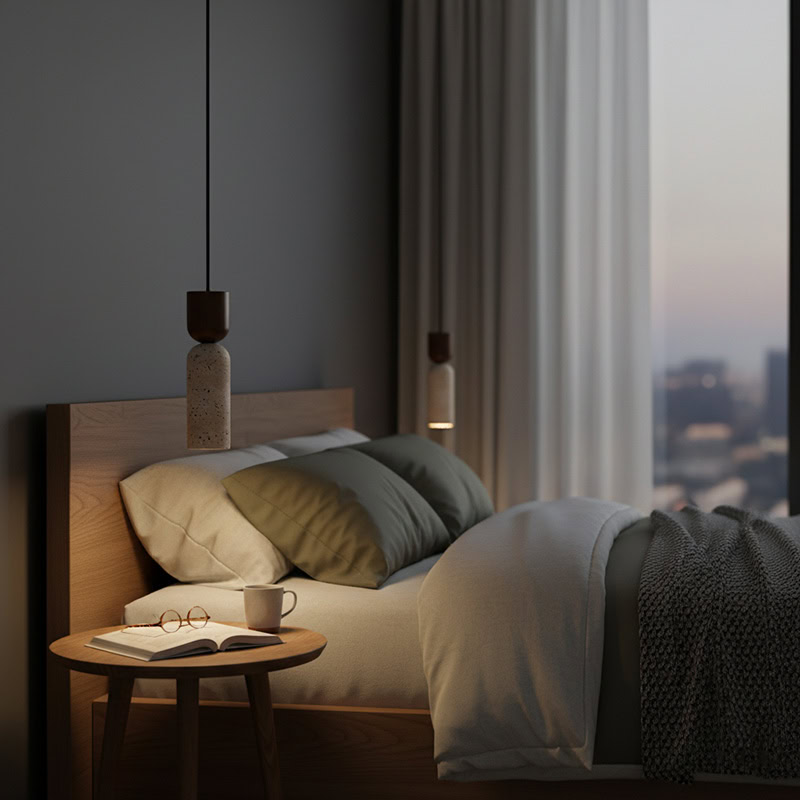 CREVION LG250 Wabi Sabi stone and wood minimalist Japandi pendant light