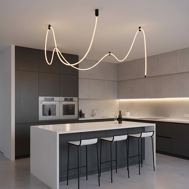 CUERLUZ LG256 braided flexible LED rope pendant light with sculptural wave form and soft 360-degree illumination in 3000K, 4000K, and 6500K.