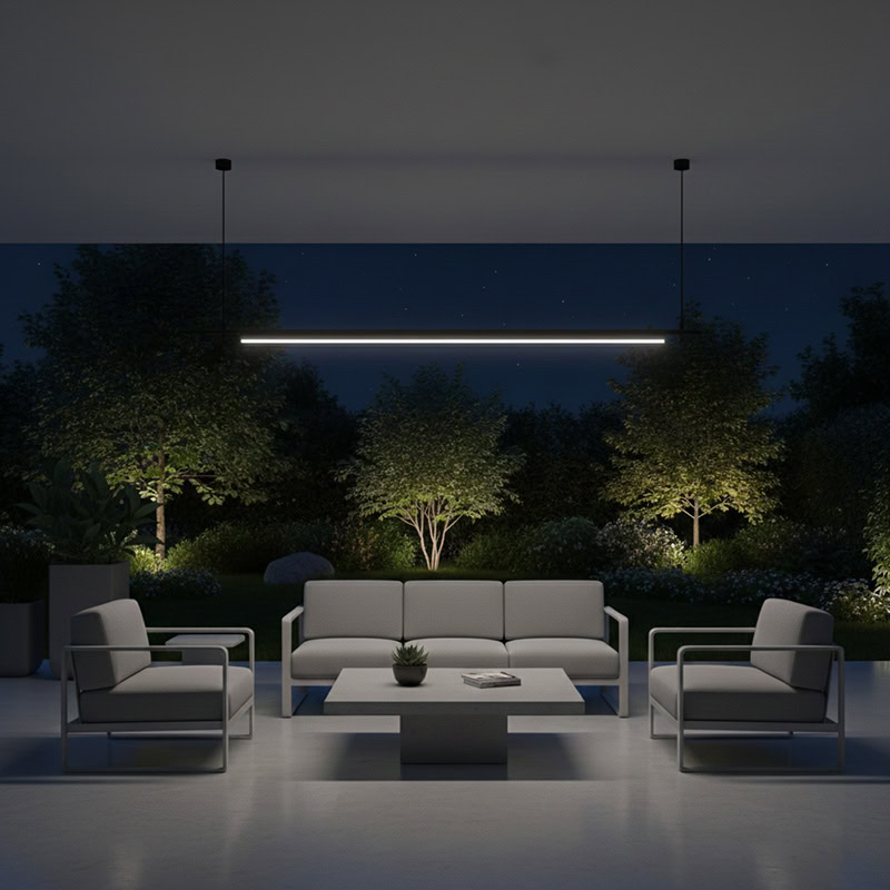LINFEA LG257 sleek long linear pendant light with minimalist black finish, modern architectural LED suspension for contemporary interiors