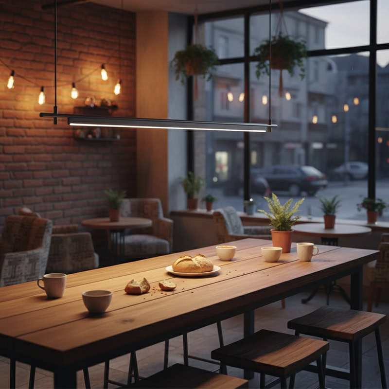 LINFEA LG257 sleek long linear pendant light with minimalist black finish, modern architectural LED suspension for contemporary interiors