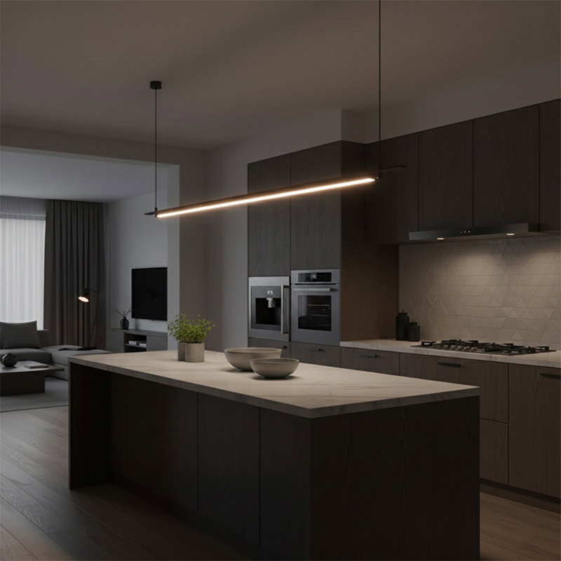 LINFEA LG257 sleek long linear pendant light with minimalist black finish, modern architectural LED suspension for contemporary interiors