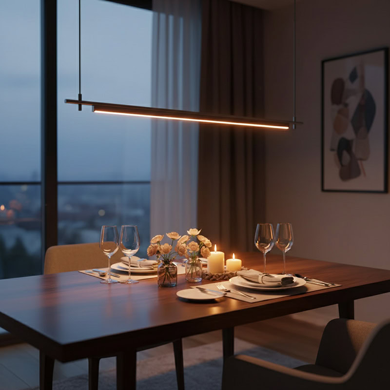 LINFEA LG257 sleek long linear pendant light with minimalist black finish, modern architectural LED suspension for contemporary interiors