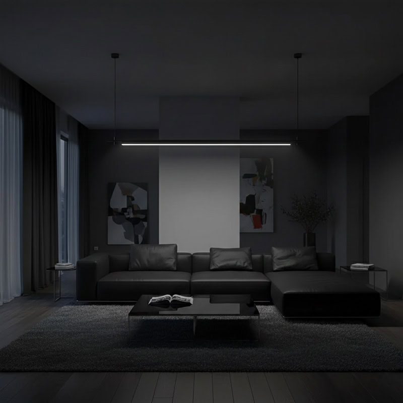 LINFEA LG257 sleek long linear pendant light with minimalist black finish, modern architectural LED suspension for contemporary interiors