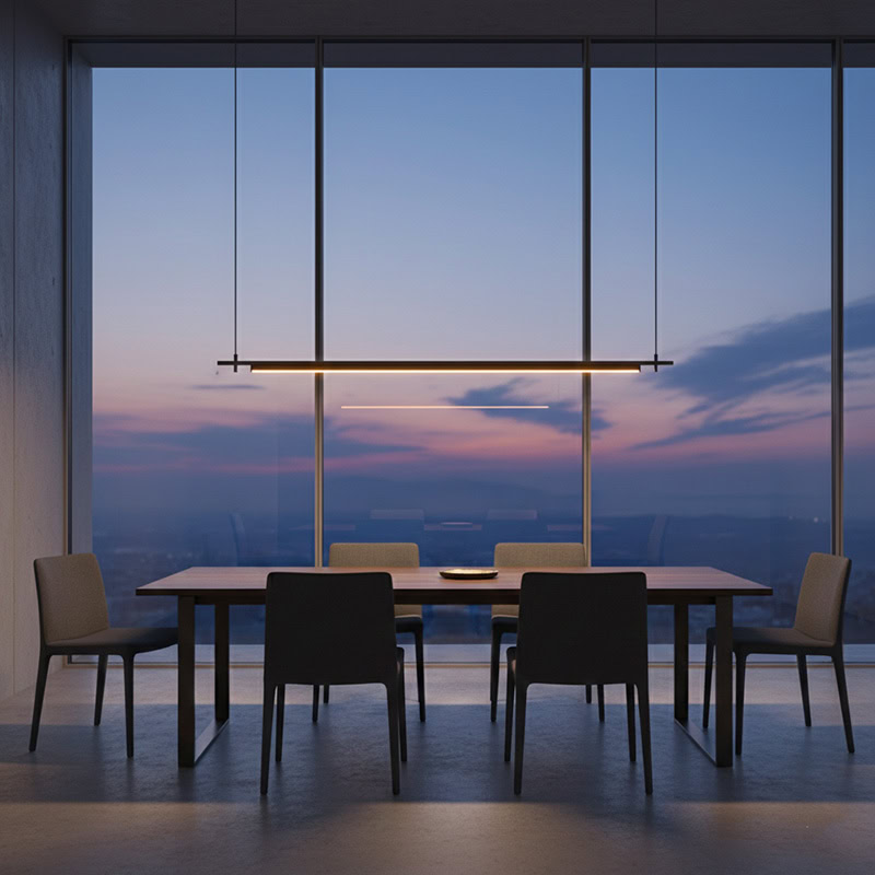 LINFEA LG257 sleek long linear pendant light with minimalist black finish, modern architectural LED suspension for contemporary interiors