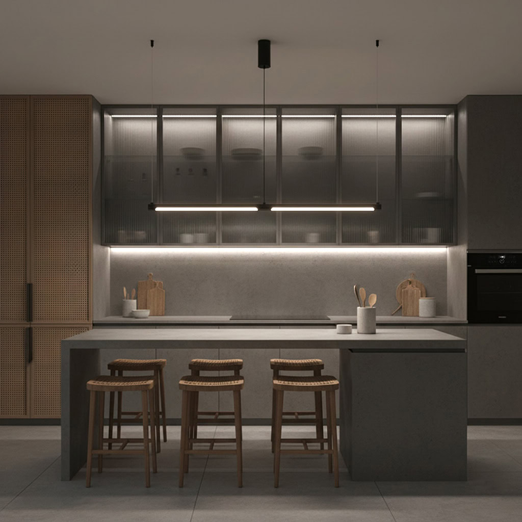 Modern kitchen with sleek black linear light