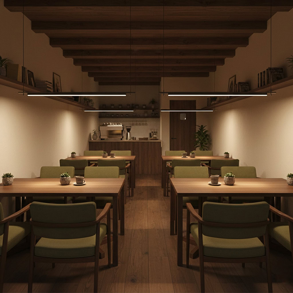A contemporary restaurant interior with suspended linear lighting creating elegant ambient glow